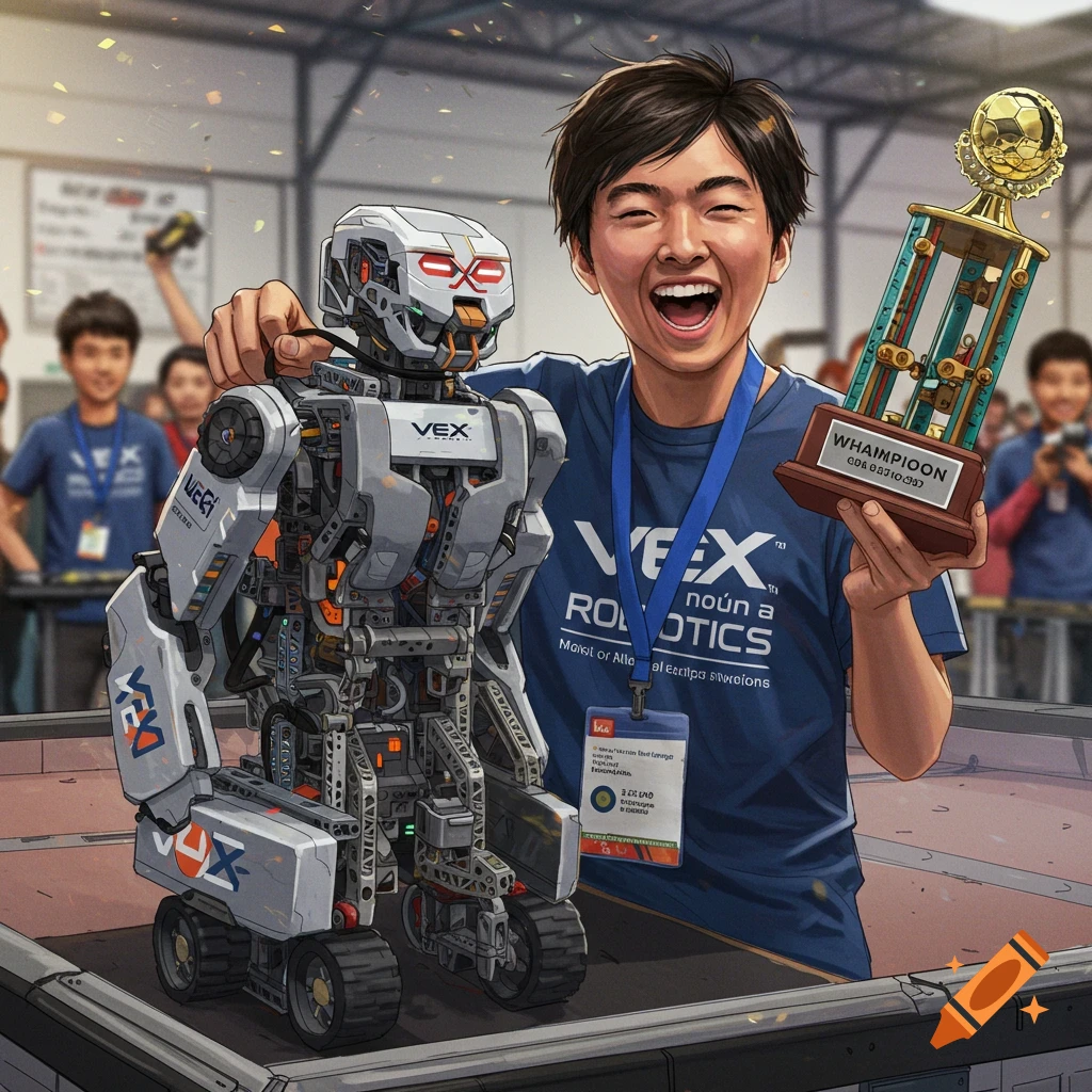 A young robotics champion holds a trophy next to a robot.