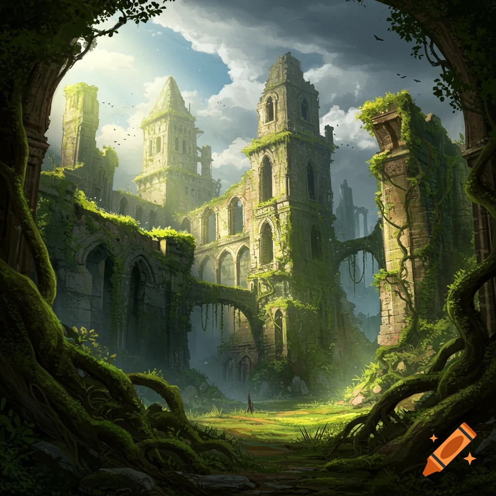 Overgrown castle ruins in a lush forest landscape.