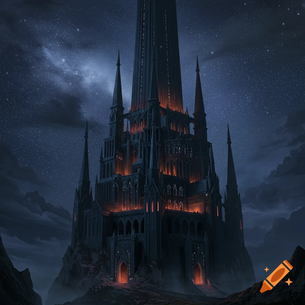A tall, dark fantasy tower stands under a starry night sky