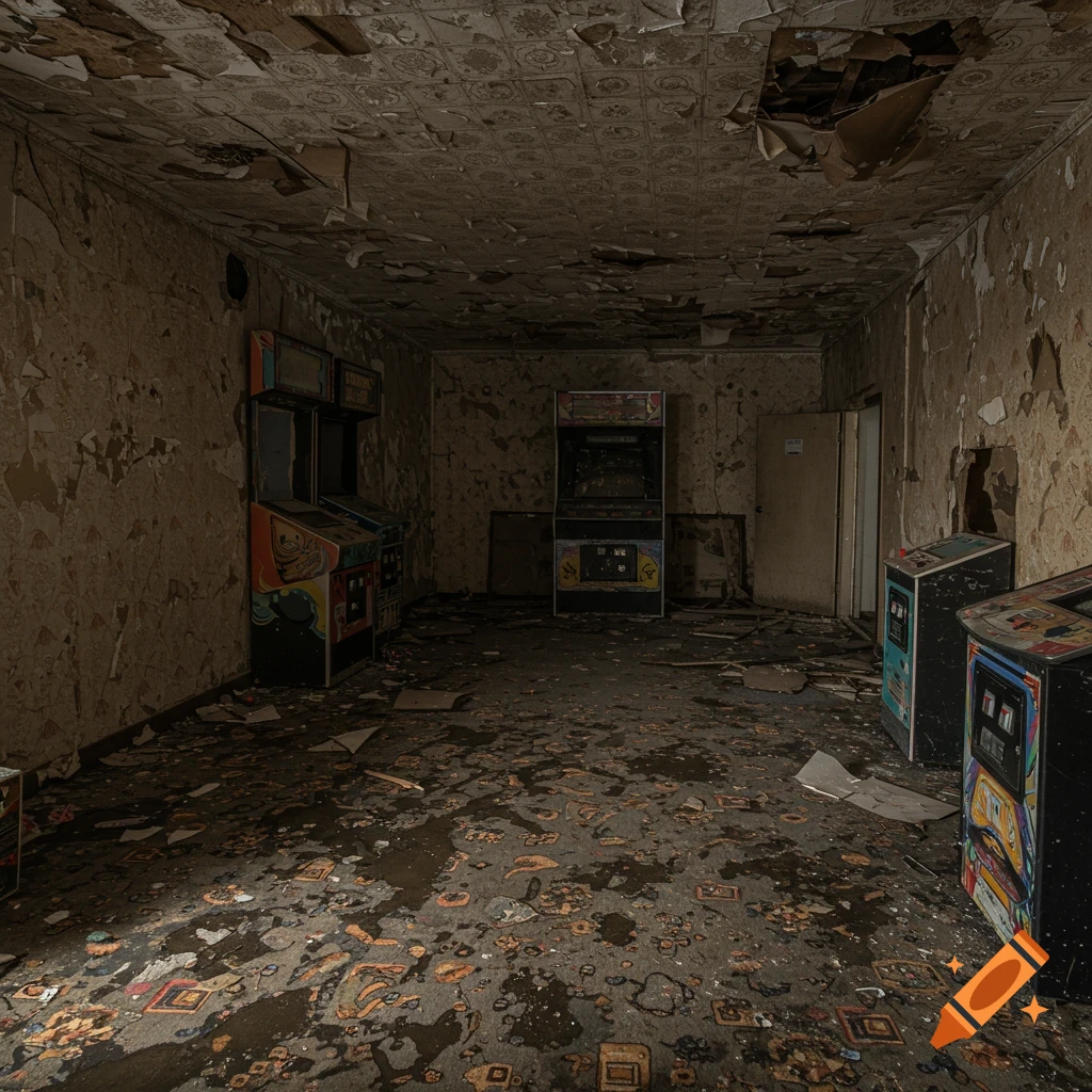Abandoned arcade room with broken machines, dirty floor, peeling wallpaper, and damaged ceiling.