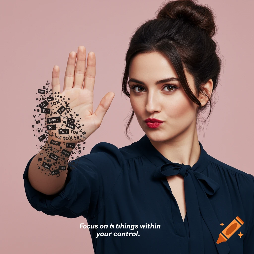 Woman holding up hand, blocking text, with motivational message.