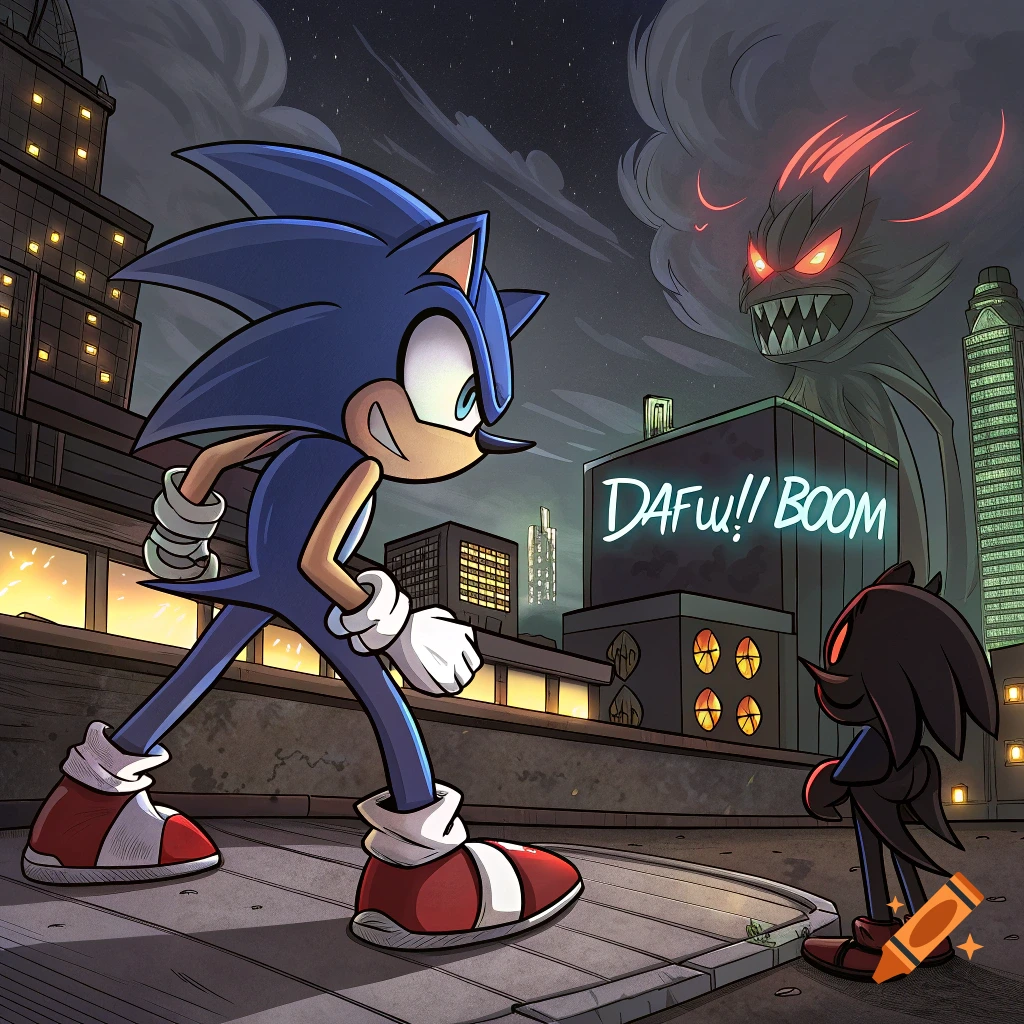 Sonic and a dark character face a shadowy monster on a city rooftop at night, cartoon style.