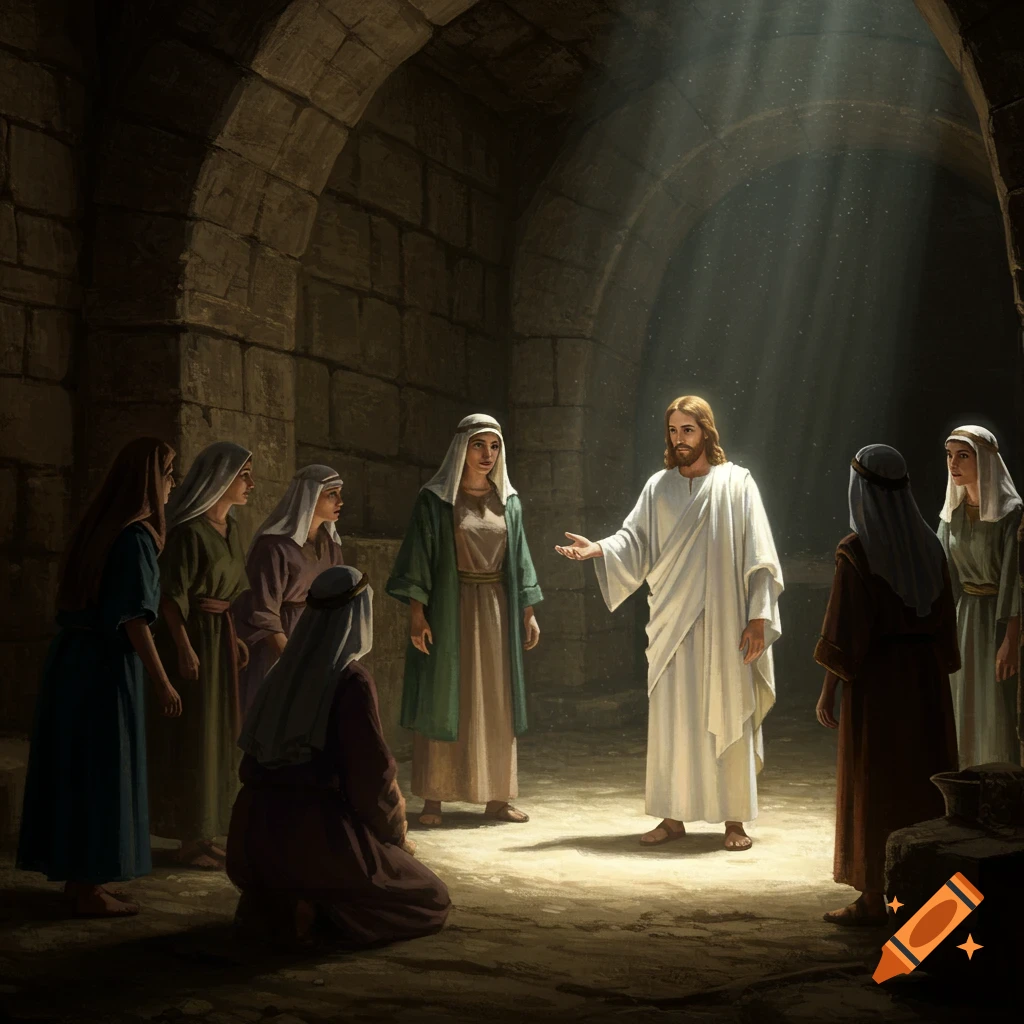 Jesus speaks to a group of women gathered in a stone tomb, illuminated by a beam of light from above.