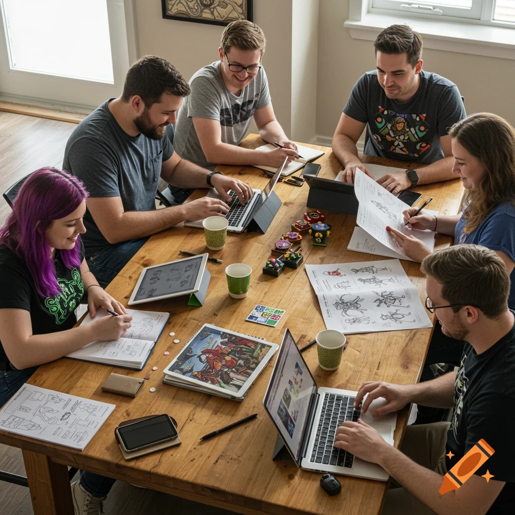 Six people at a table working on character sheets and laptops, perhaps playing a tabletop game.