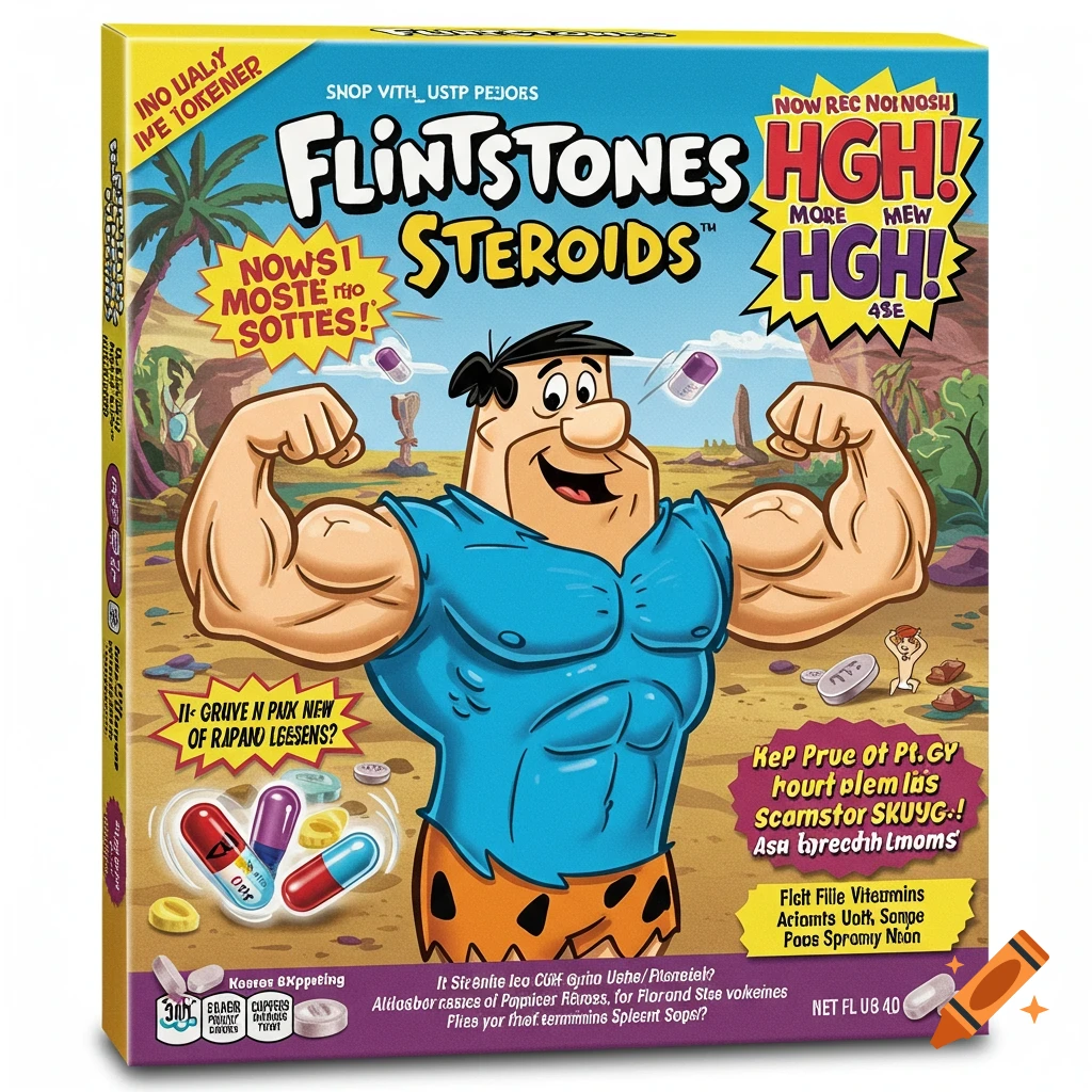 Cartoon Fred Flintstone on a box of 'Flintstones Steroids' with pills.