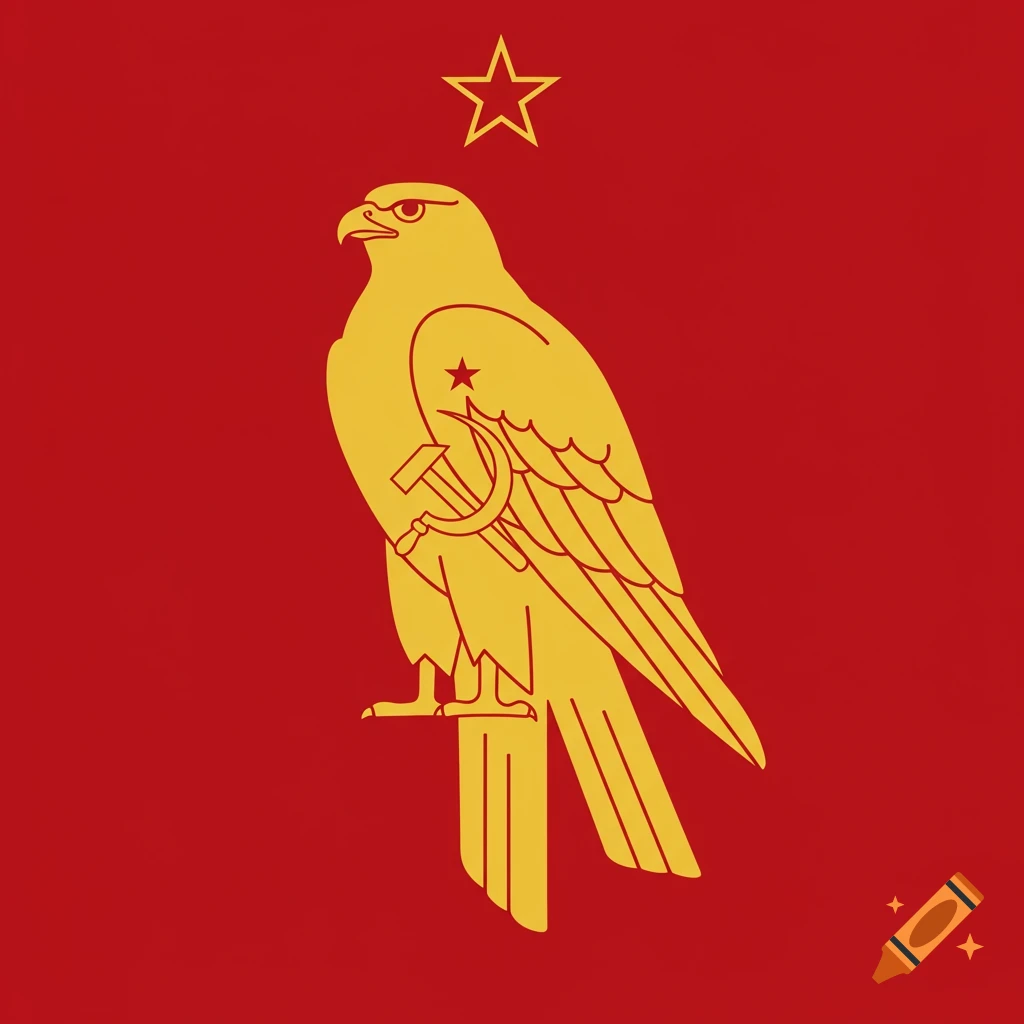 Red flag with gold eagle holding hammer and sickle under a star