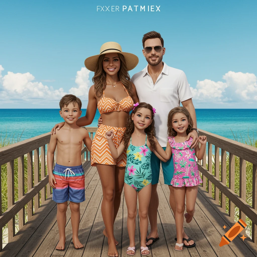 A realistic rendering of a smiling family standing on a wooden pier overlooking the ocean on a sunny day.