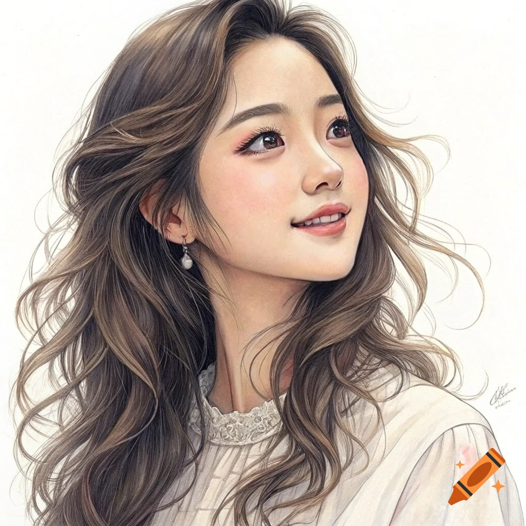 Illustrative portrait of a young woman with long brown hair, looking up and smiling.