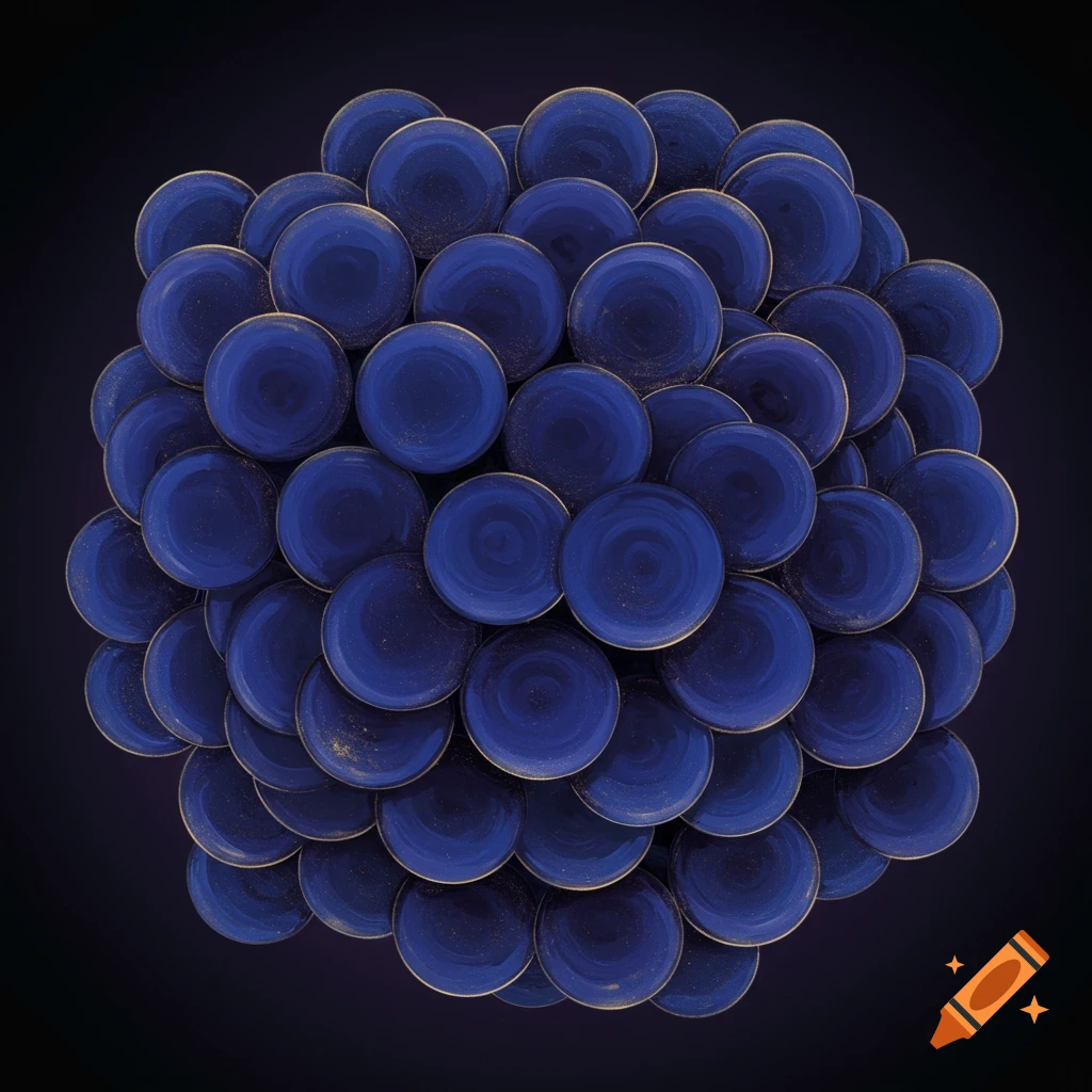 A cluster of dark blue circles with gold rims in a sphere-like shape, on a dark background.