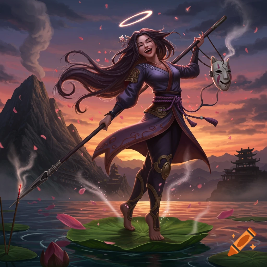 A woman stands on a lily pad at sunset, holding a staff and a mask, in a fantasy scene.
