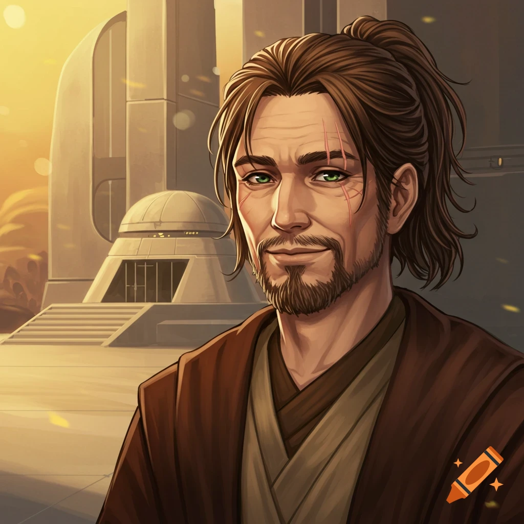 Illustrated anime portrait of a man with scars and a ponytail standing in front of a futuristic building.