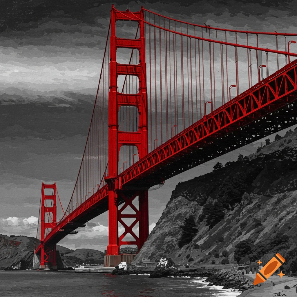 The red Golden Gate Bridge stands against a black and white landscape under a stormy sky.