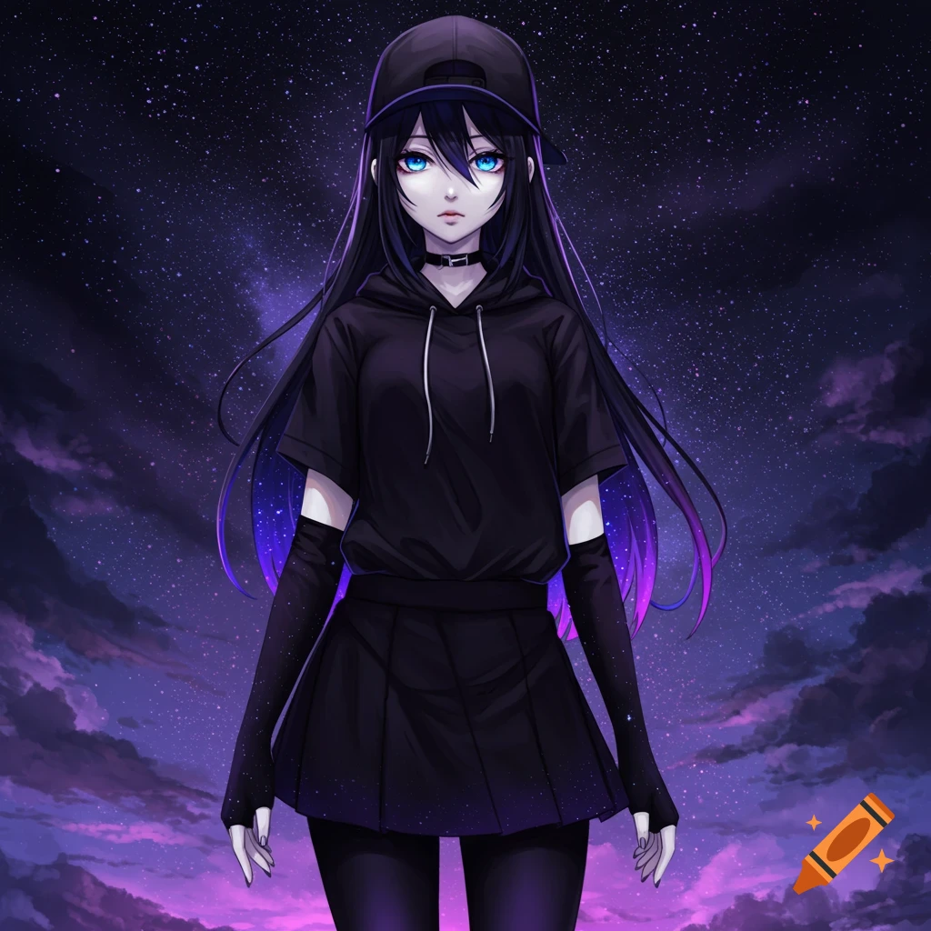 Anime girl with black and purple hair and blue eyes wearing black clothes against a starry night sky.