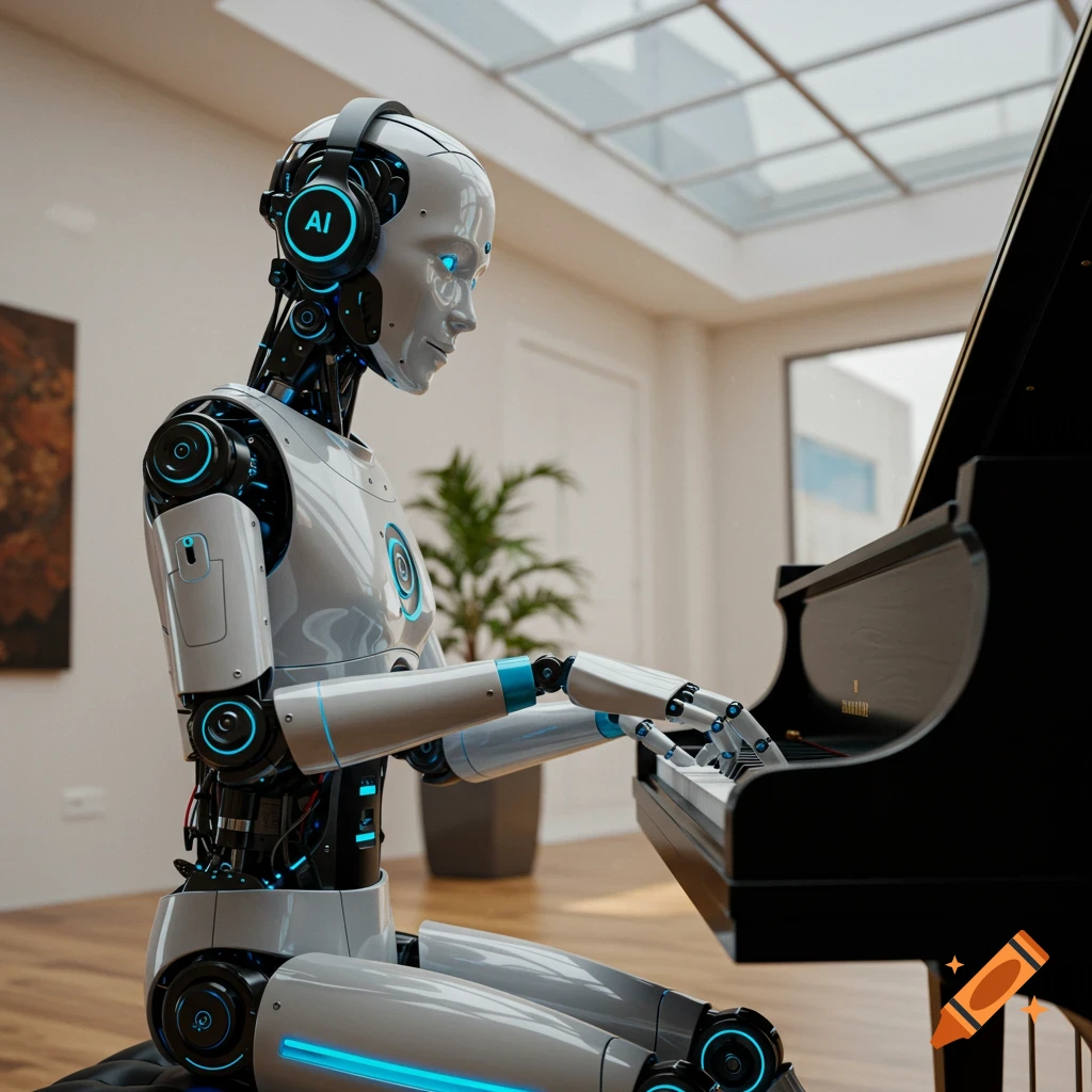 A robot wearing headphones plays a piano in a room.