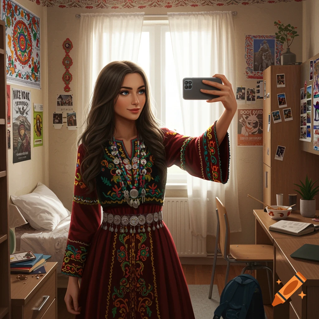 A woman in a traditional embroidered dress takes a selfie in a brightly lit dorm room with posters.