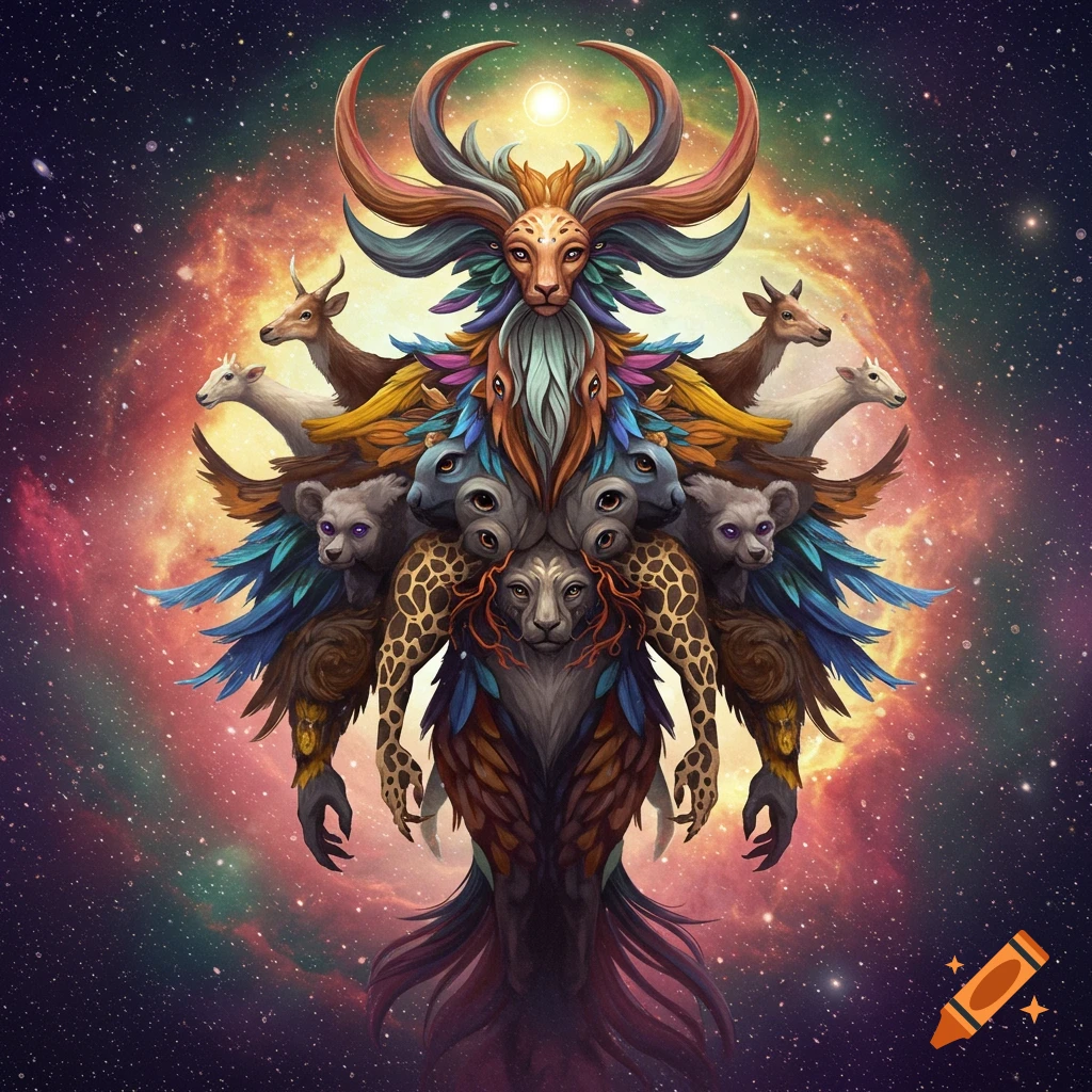 A creature formed from multiple animals, including deer, bears, and a lion, against a galaxy background.