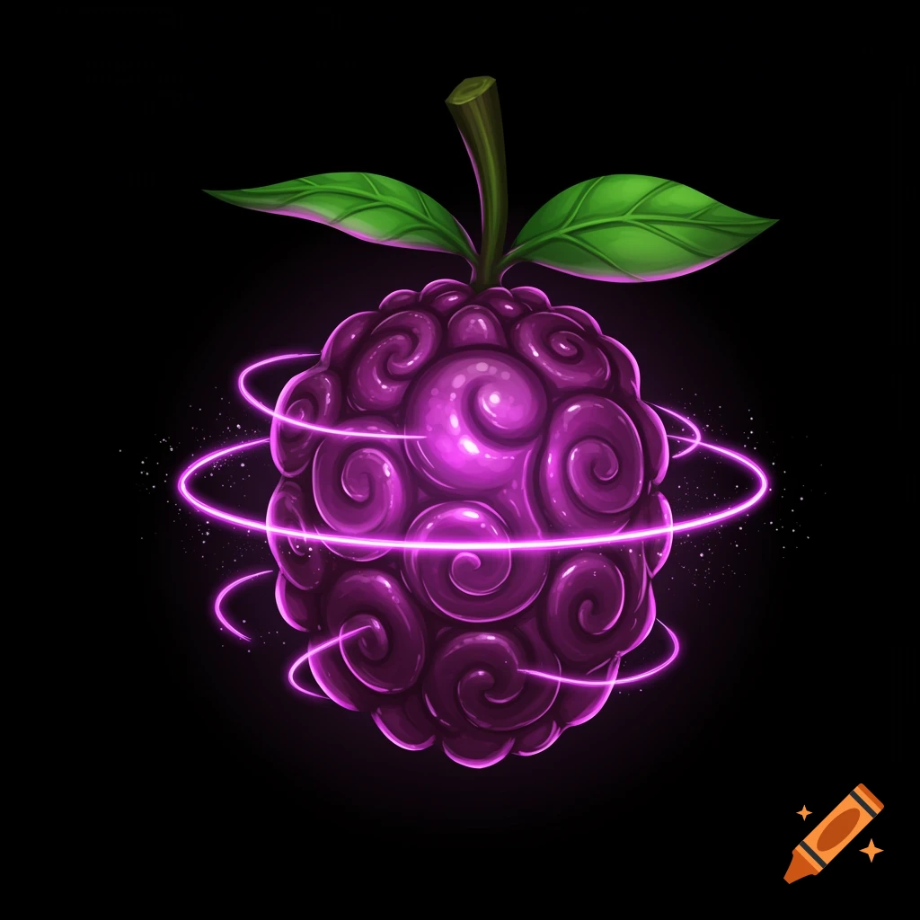 A purple swirled fruit with green leaves and glowing pink rings on a black background.