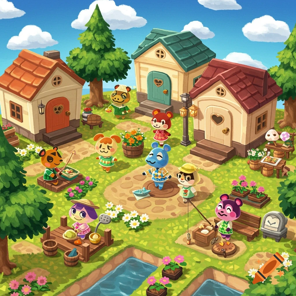 Animal Crossing villagers fishing and cooking in a village scene with houses and a river, digital art.