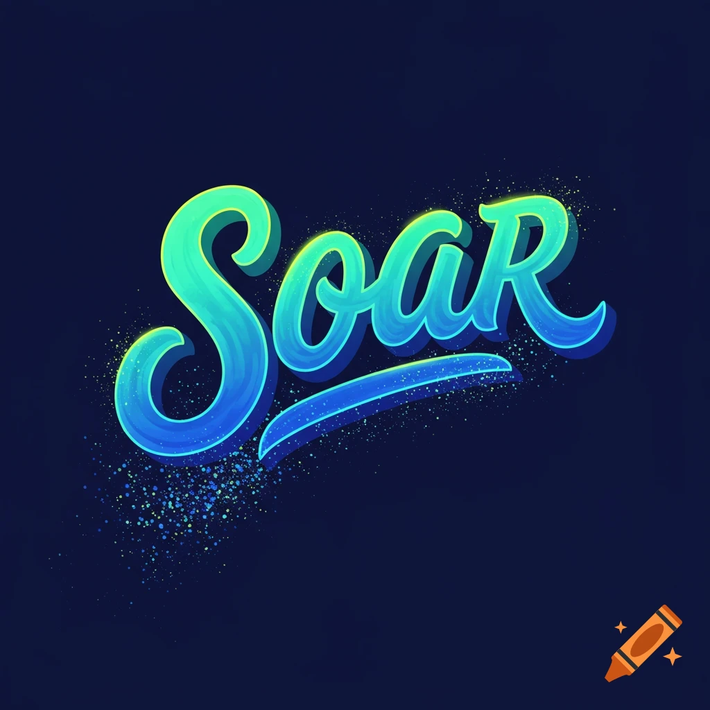 Gradient script word 'Soar' with flowing underline and particles on dark background.