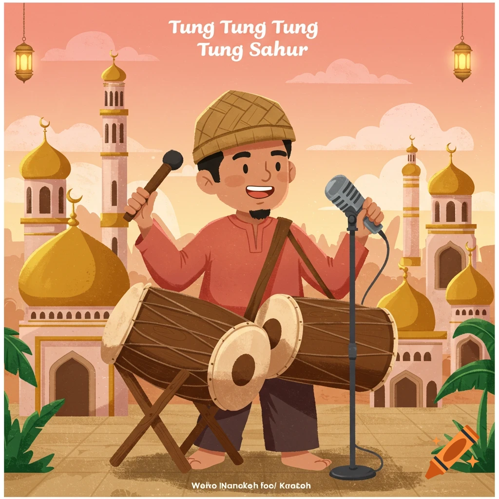 An illustration of a boy playing drums and singing in front of mosques.