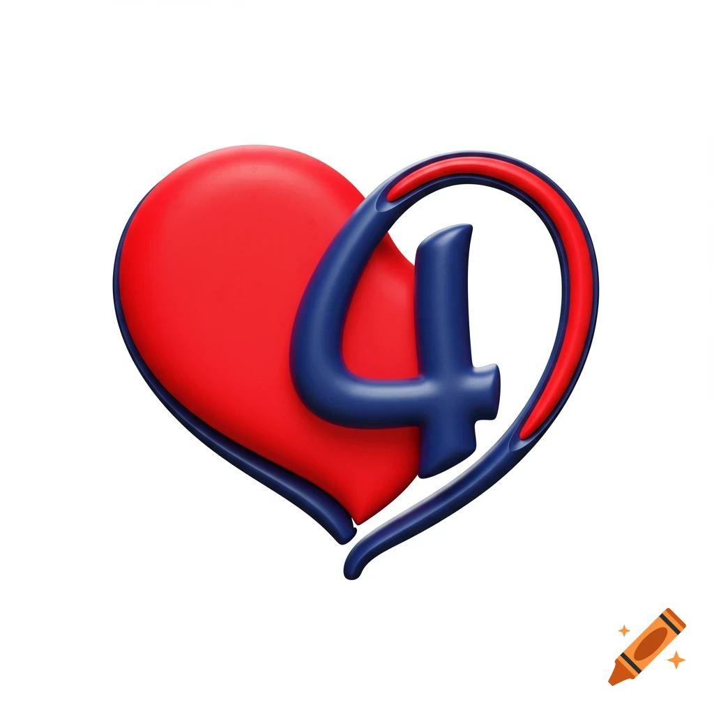 A red heart intertwined with a large blue number 4.