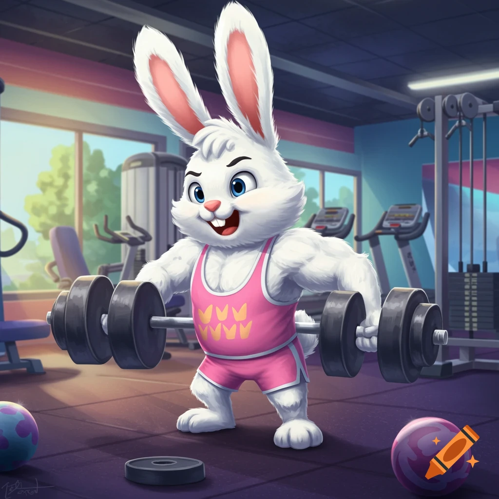Cartoon bunny lifts weights in a gym.