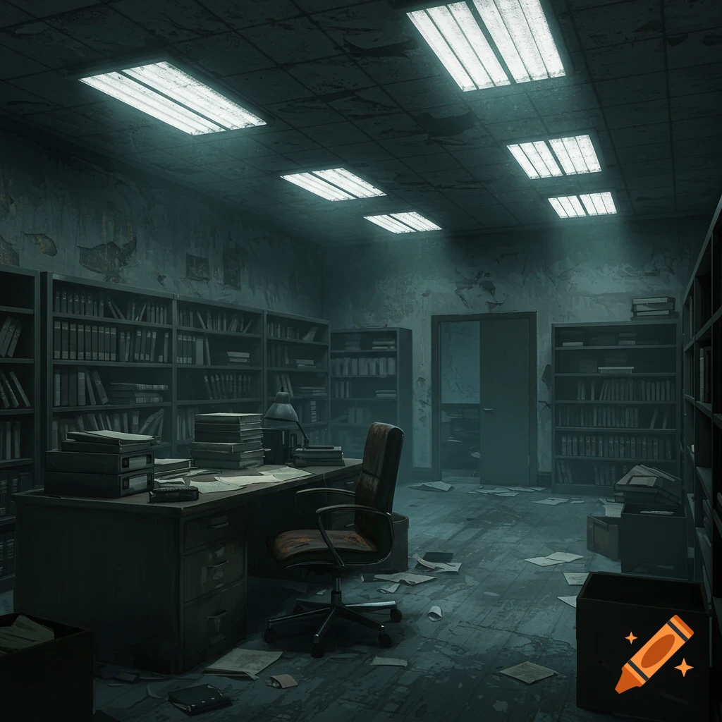 Dark, rundown office or library with messy desk, chair, bookshelves, and ceiling lights, digital art.