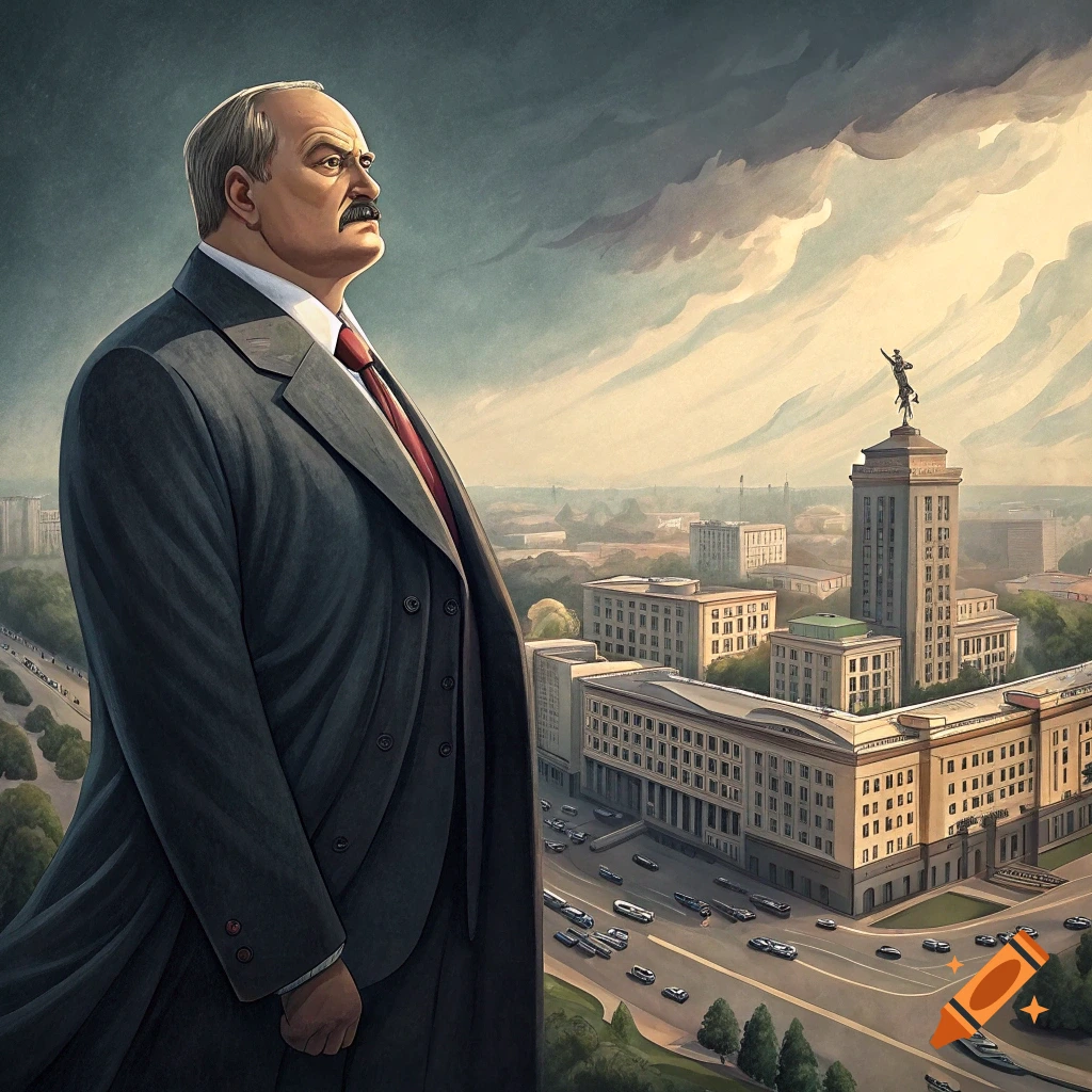 Illustration of a giant man in a suit looking over a city skyline with dramatic clouds