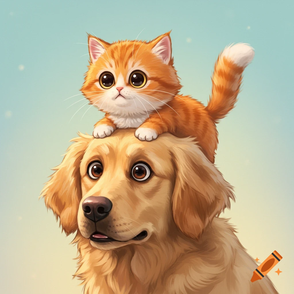 Cute orange tabby kitten sitting on a golden retriever's head