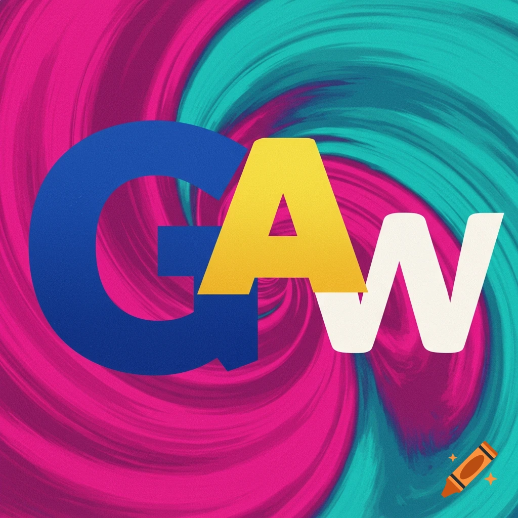 Large blue G, yellow A, and white W over a vibrant pink and turquoise swirling background.