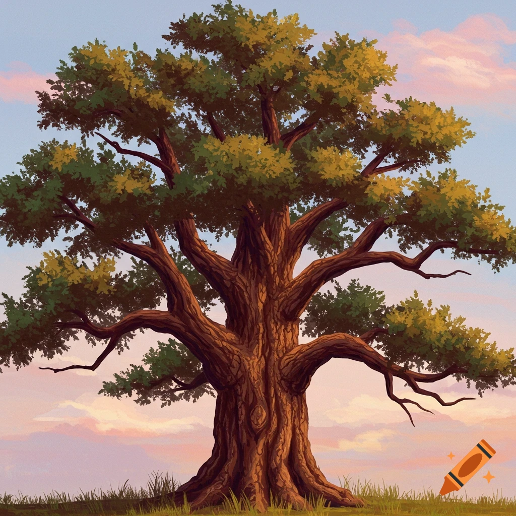 A large tree on a grassy hill under a sky with pink clouds.