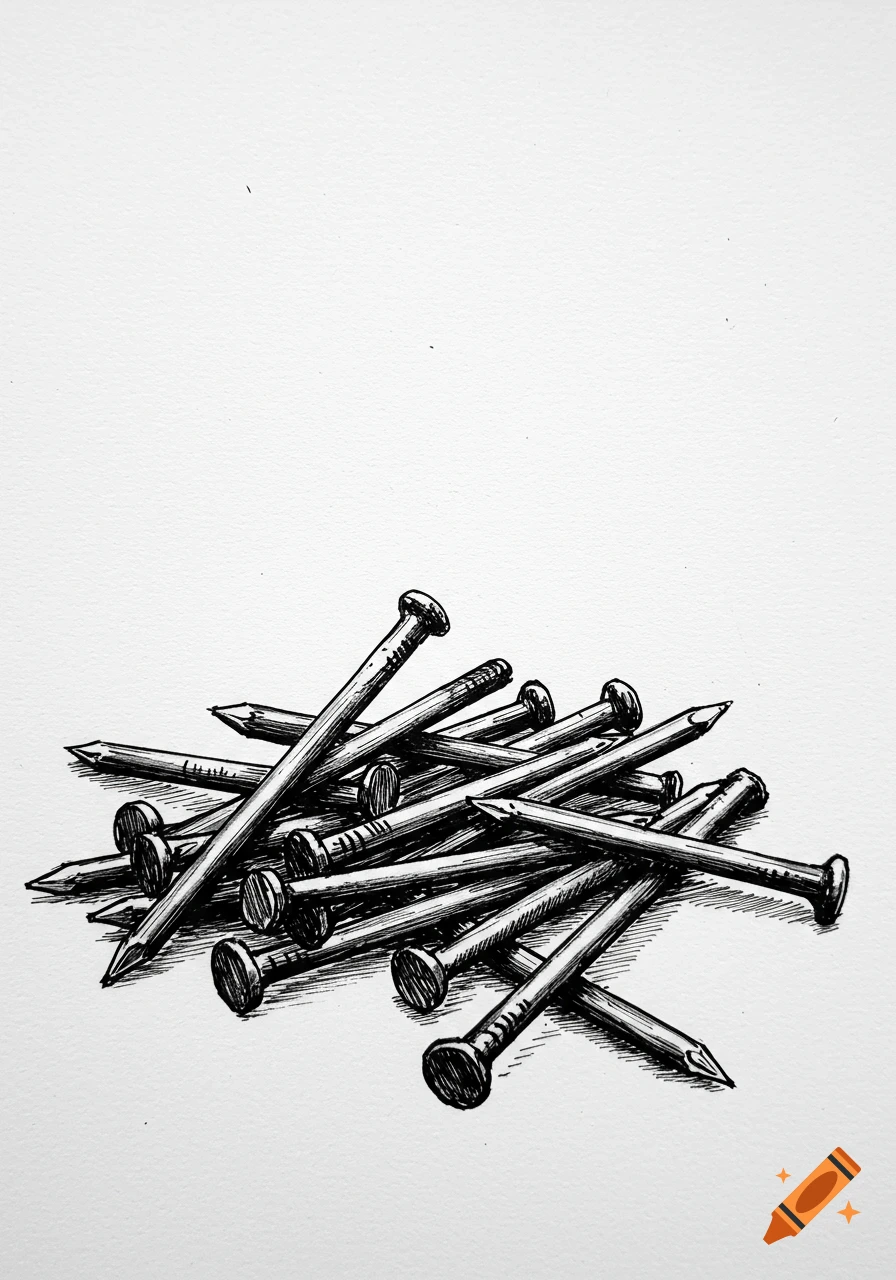Ink drawing sketch of a pile of nails