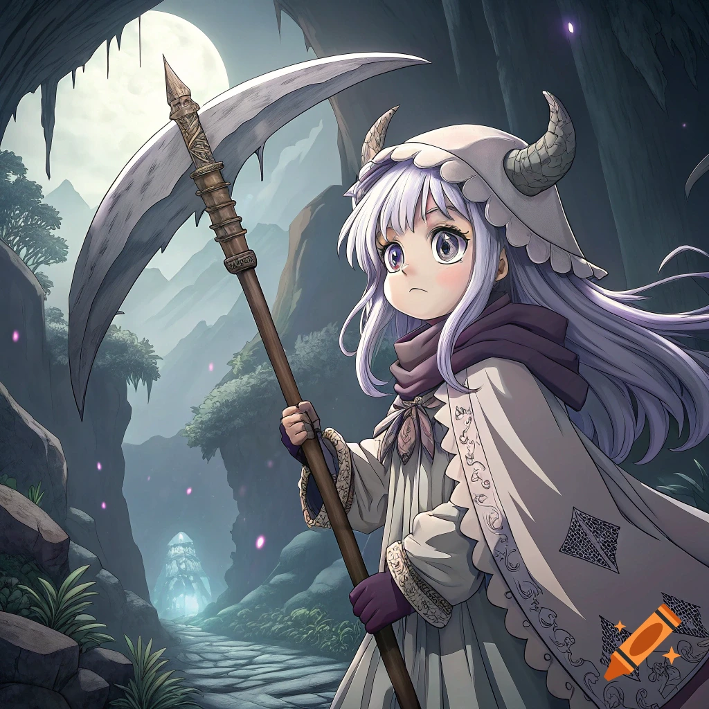 Anime character holding a scythe in a fantasy cave with a moon.