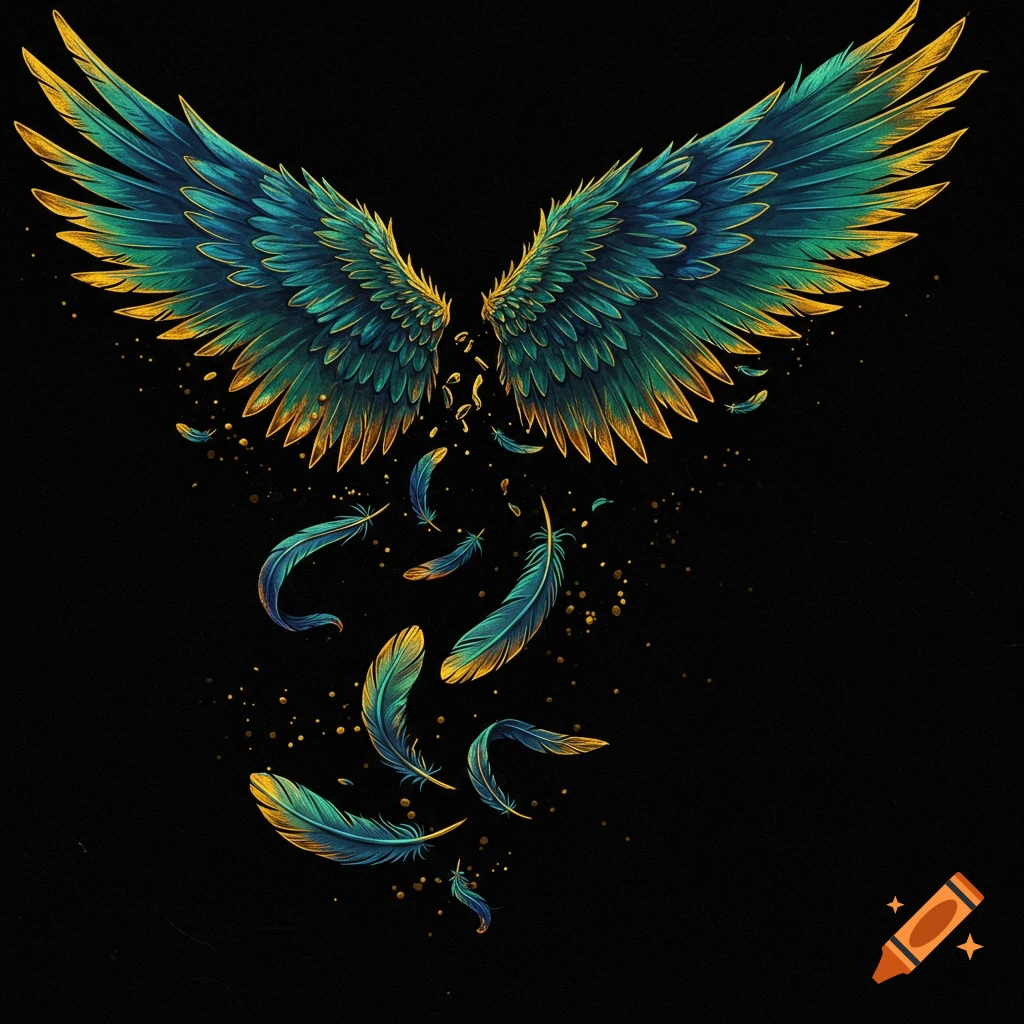 Colorful teal, blue, and gold wings with feathers falling