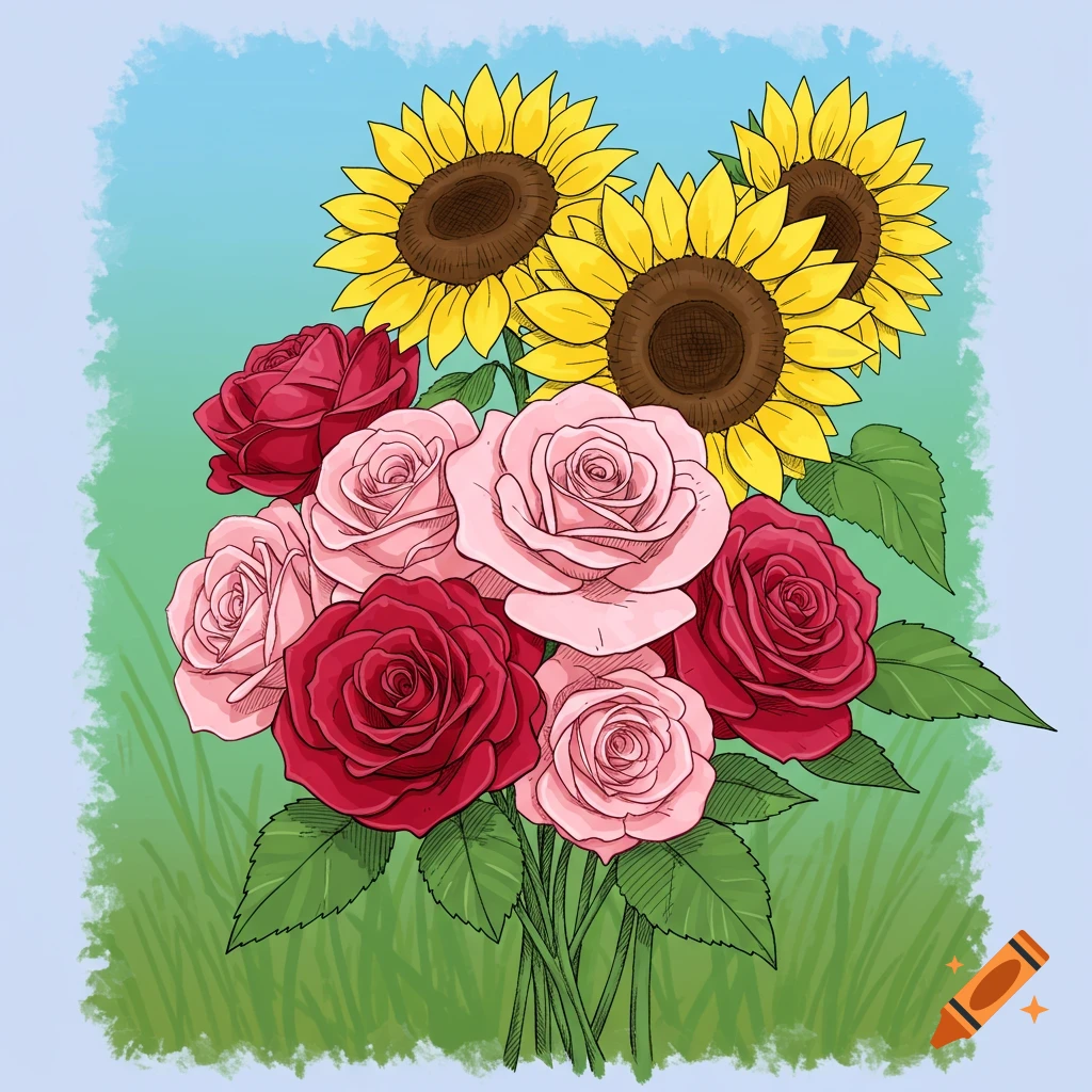 An illustration of a bouquet featuring pink and red roses mixed with yellow sunflowers against a blue sky and green grass background.
