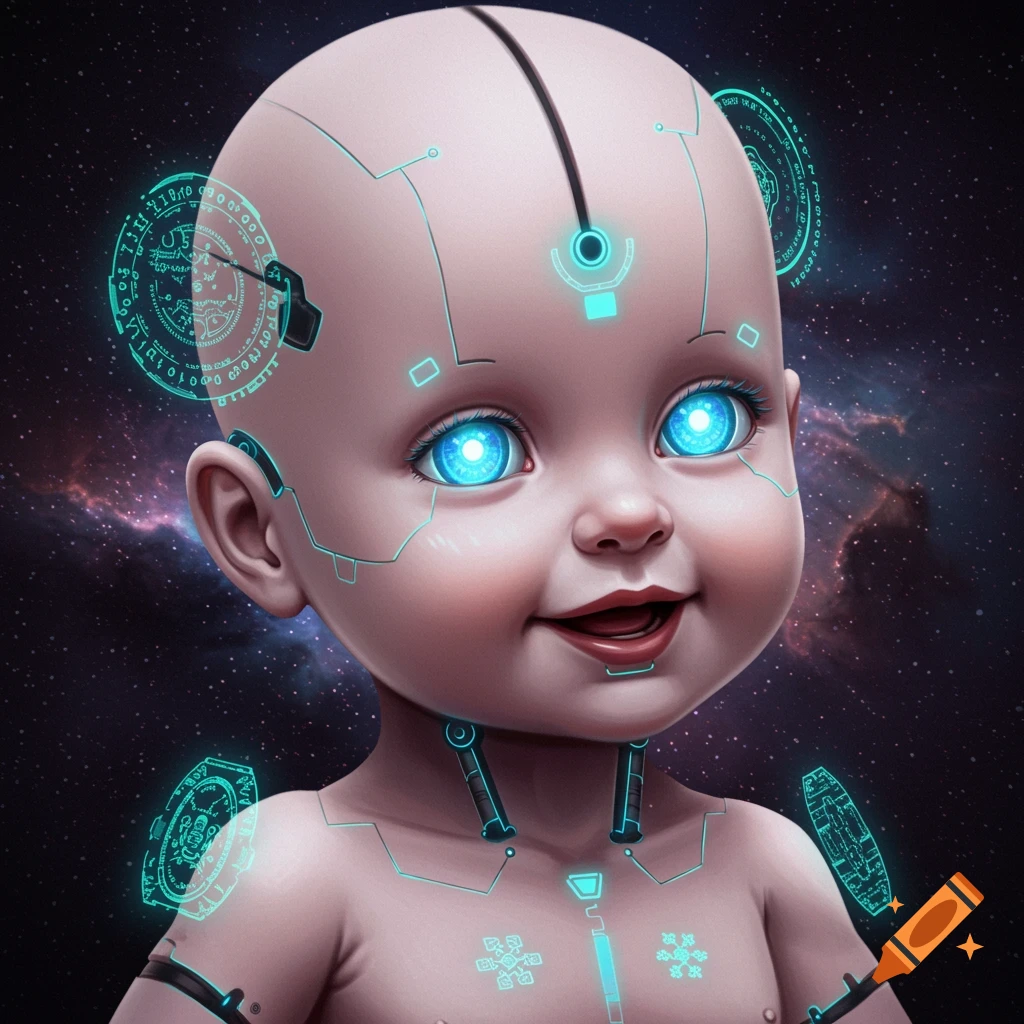 A cybernetic baby with glowing blue eyes and enhancements against a nebula backdrop in anime style.
