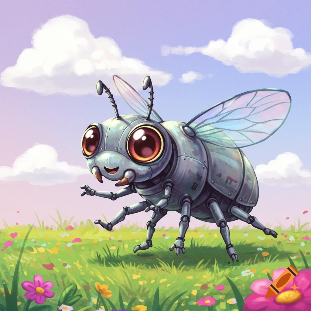 A cute robot beetle stands in a field of flowers under a cloudy sky.