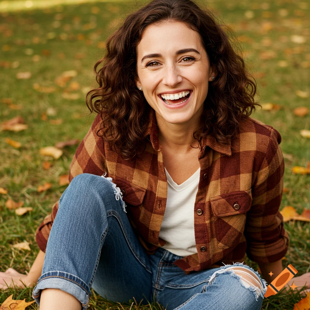 A joyful woman sits in a grassy field with autumn leaves, wearing a plaid shirt and torn jeans, smiling warmly.