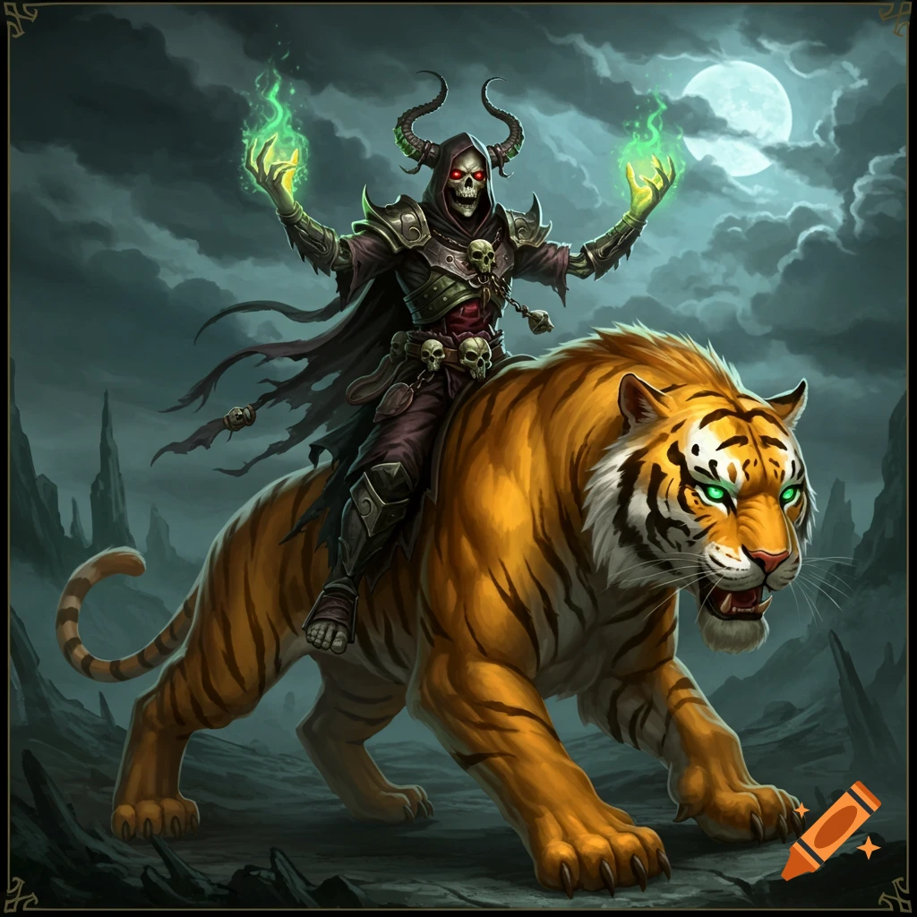Undead warlock riding a tiger, casting green spells under a full moon.