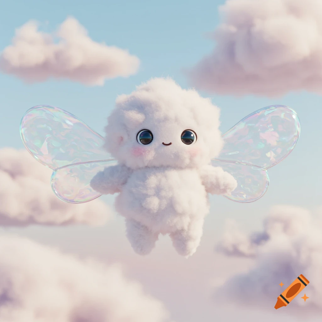 A fluffy white cloud creature with iridescent bubble wings flies among pink clouds in a blue sky.