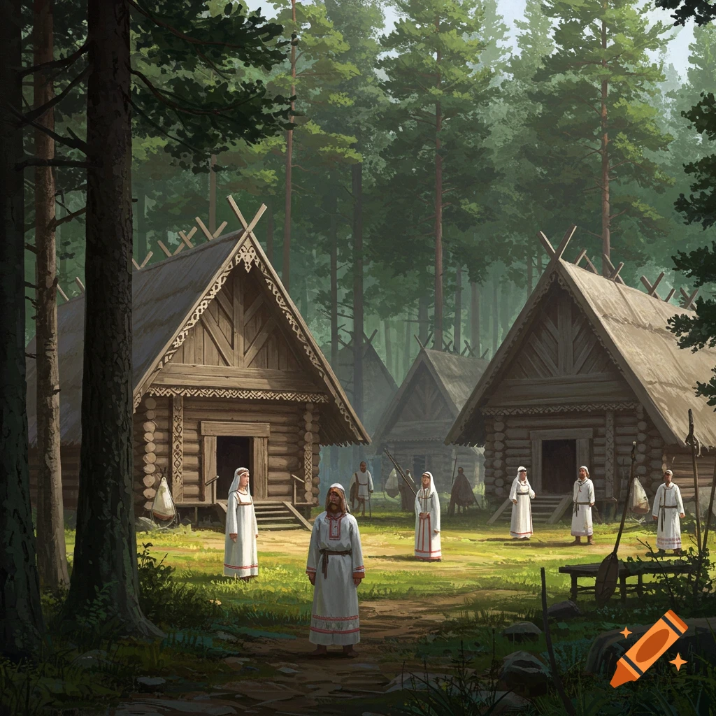 A Slavic village nestled within a forest, with people wearing white traditional clothing.