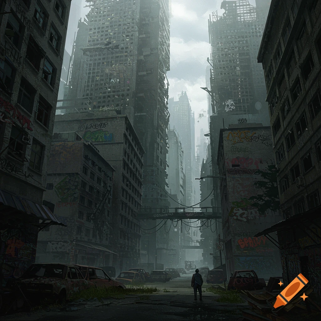 Person walks down a street through a ruined cityscape with tall damaged buildings and abandoned cars.