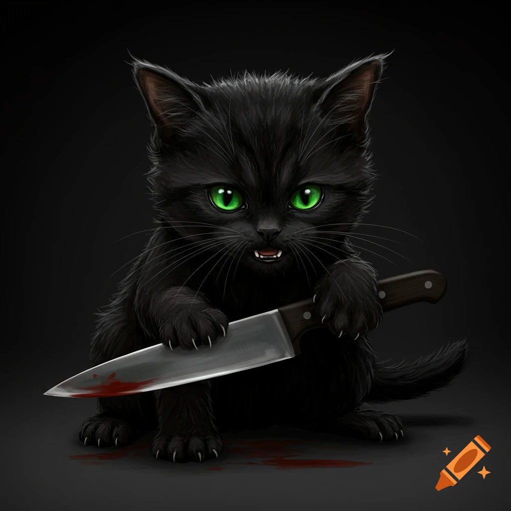 A black kitten with bright green eyes holds a blood-stained knife.