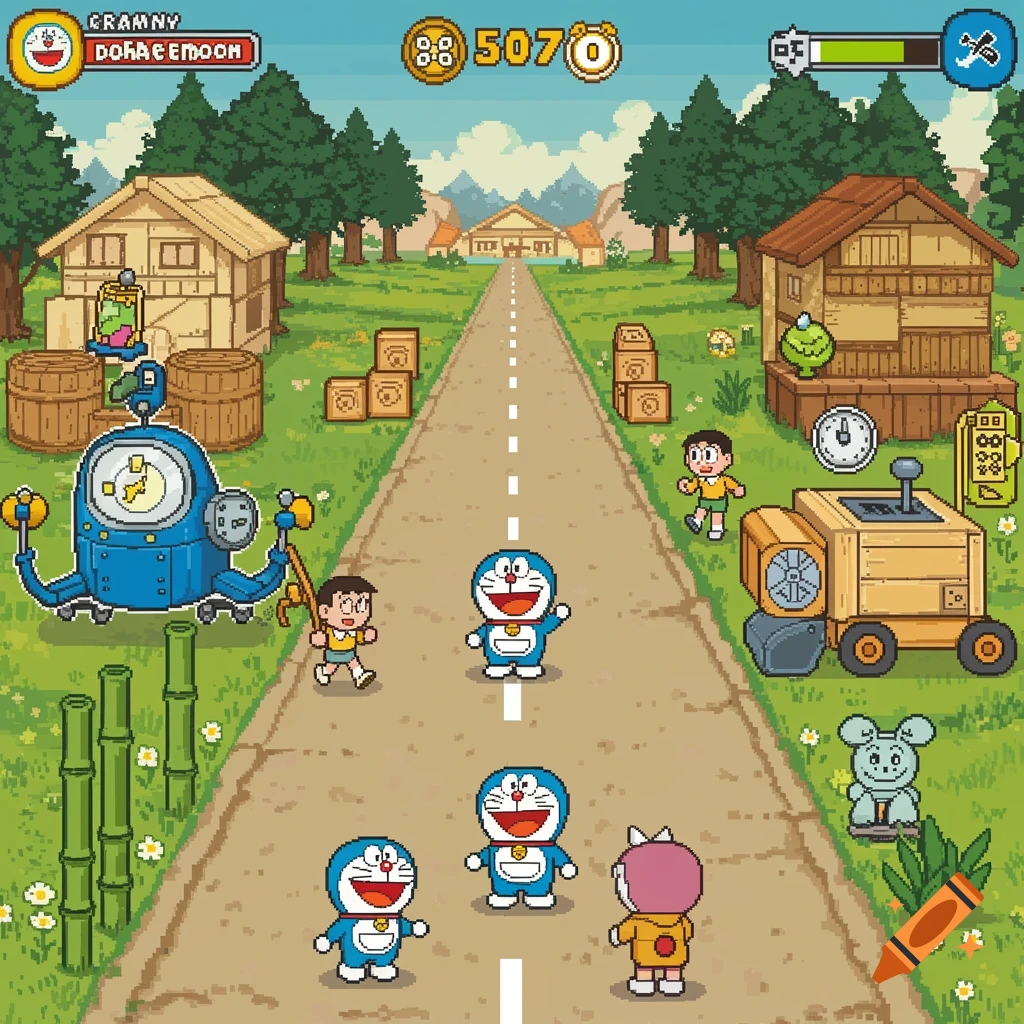 Pixel art scene in Crossy Road style with Doraemon characters on a road, buildings, and game UI.