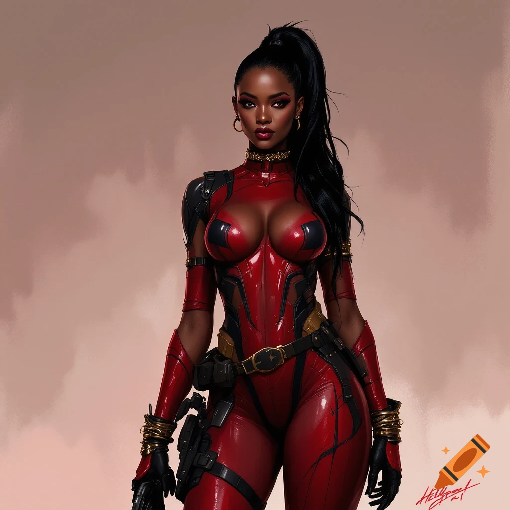 A Black woman in a red and black tactical superhero suit with a high ponytail.