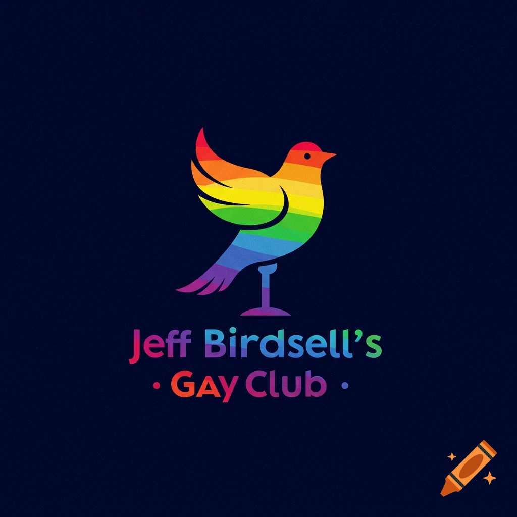 Logo with a rainbow bird on a stand and the text 'Jeff Birdsell's Gay Club'.