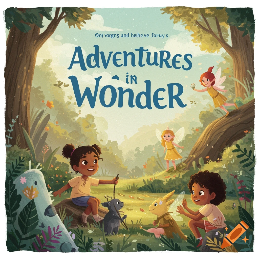 Children and fantasy creatures play in a whimsical forest illustration styled as a book cover.