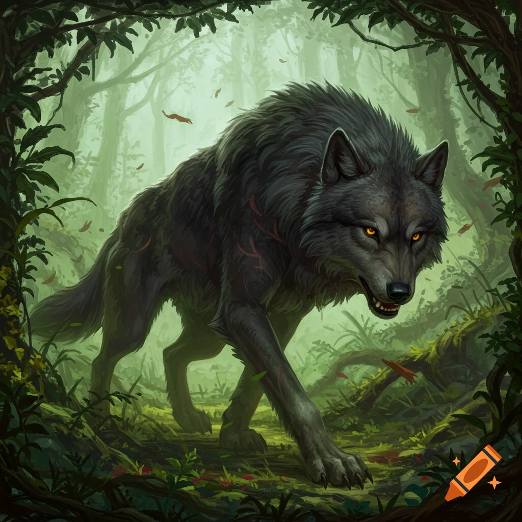 A black wolf with glowing orange eyes walks through a dark, misty forest.