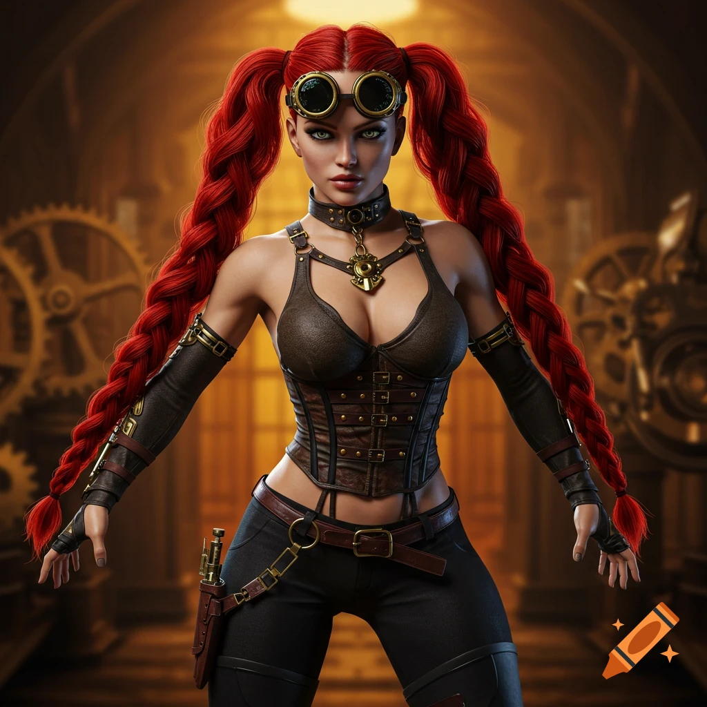 A steampunk woman with red braided ponytails and goggles stands in a workshop.