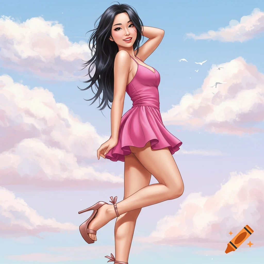 A girl in a pink dress and high heels is standing against a cloudy sky.